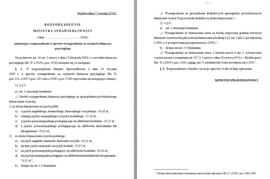 Projekt rozporządzenia - nowe stawki dla tłumaczy przysięgłych